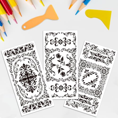 3 Sheets Black Damask Corner Rub on Transfers for Crafts, 12×6in