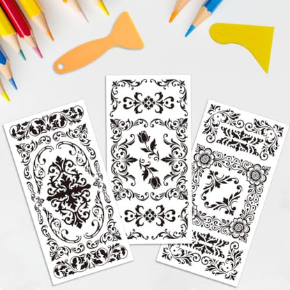 3 Sheets Black Damask Corner Rub on Transfers for Crafts, 12×6in