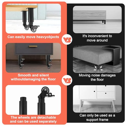 WOPPLXY 4 Pcs 7-10 Inch Metal Adjustable Furniture Legs with Swivel Caster Wheels, Heavy Duty Replacement Support Legs, Metal Legs for Table with Wheels for Cabinet/Sofa/Bed/Dresser/Couch/Coffee Table