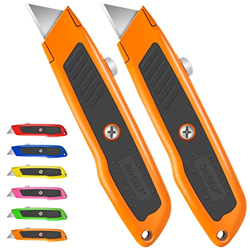 DIYSELF 2 Pack Utility Knife, Heavy Duty Box Cutter Retractable Knife, Aluminum Alloy & Rubber Handle, Razor Knife Carpet Cutter, Box Opener for Warehouse, Shop, Cardboard (Orange) - color: Orange, size: 2-Pack