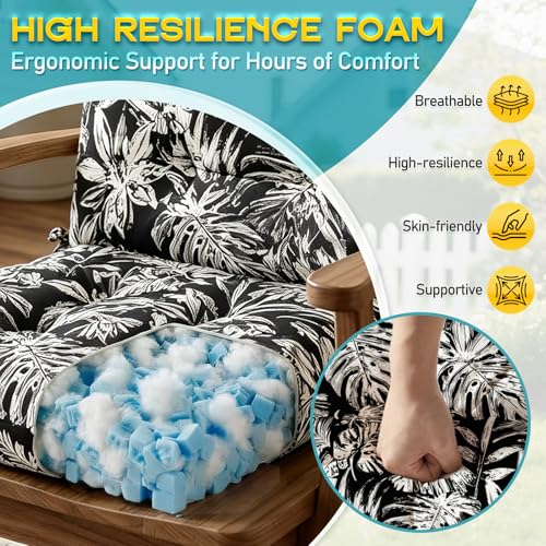 High Patio Chair Cushions High Back 44"x22"x4" Thick (Black White Leaf) - color: Black White Leaf