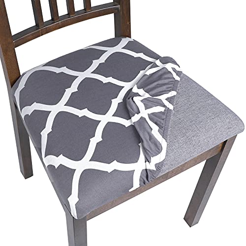 SearchI Seat Covers for Dining Room Chairs Stretch Printed Chair Seat Covers Set of 4, Removable Washable Upholstered Chair Seat Protector Cushion Slipcovers for Kitchen, Office(Grey+White) - color: Grey+white