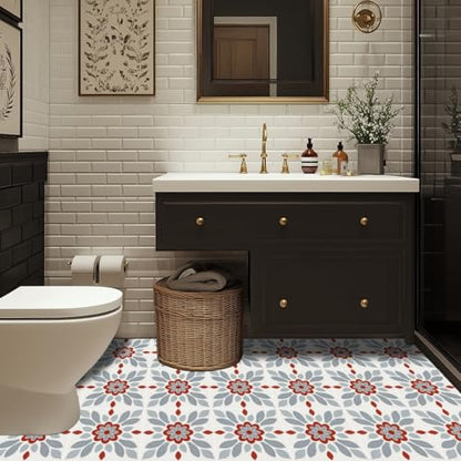 HOMETITUTE Nordic Red Grey Flower Peel Stick Floor 12x12 in Vinyl Flooring - color: Red