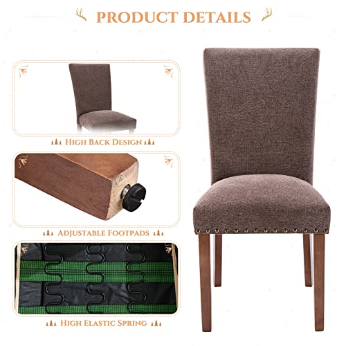 Parsons Dining Chairs Set of 2, Upholstered Nailhead Dining Room Kitchen Side Chair with Thick Cushions and Wood Legs, Brown - color: Brown, size: set of 2
