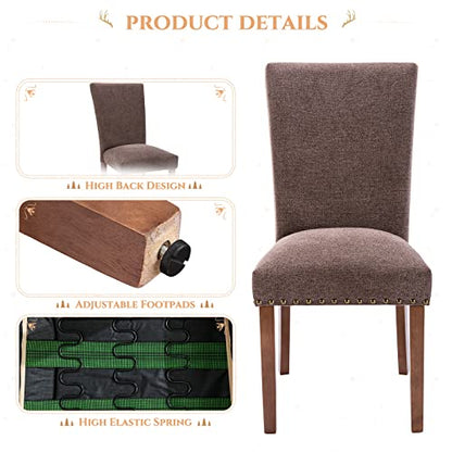 Parsons Dining Chairs Set of 4, Upholstered Nailhead Dining Room Kitchen Side Chair with Thick Cushions and Wood Legs, Brown - color: Brown, size: set of 4