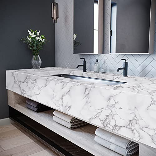 Caltero White/Grey Marble Wallpaper, 24x197 Glossy PVC, Self-Adhesive Contact Paper for Kitchen Cabinets, Bathroom, Waterproof, Removable, Wide Usage, 32 sq.ft - color: White/Grey, size: 197" x 24"