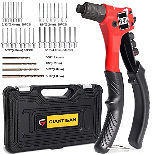 GIANTISAN Rivet Gun Kit with 200 Pop Rivets, 4 Drill Bits and a case