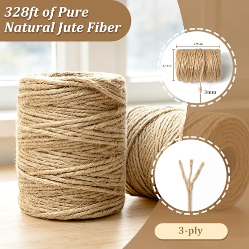 3mm Jute Twine & Rope 328ft, Natural Burlap String for Crafts, Gift Wrapping, DIY Macrame, Floristry, Wedding Cards, Long Jute Cord for Gardening, Tomato & Climbing Plants (Brown) - size: 3mm