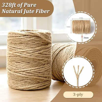 3mm Jute Twine & Rope 328ft, Natural Burlap String for Crafts, Gift Wrapping, DIY Macrame, Floristry, Wedding Cards, Long Jute Cord for Gardening, Tomato & Climbing Plants (Brown) - size: 3mm