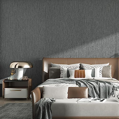 Haimin Grasscloth Wallpaper Textured 24in X 393in Fabric Contact Paper Gray Wall Paper Textured Linen Wallpaper Peel and Stick Self-Adhesive Thick Vinyl Embossed Film Wallpaper (Gray) - color: Gray and Black