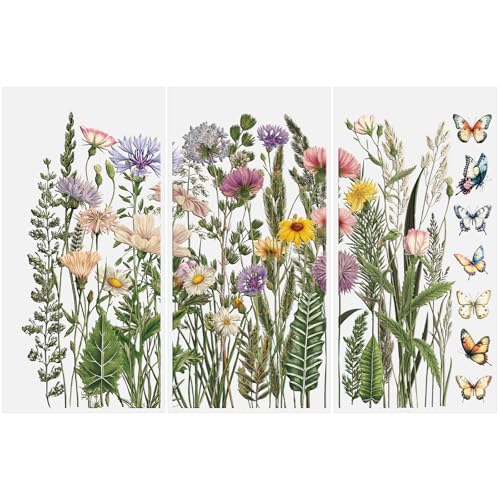 Rub on Transfers for Crafts, 3 Sheets Wildflowers Rub on Transfer Stickers Waterproof Self-Adhesive Butterflies and Flowers Rub on Transfer for Wood DIY Home Decor - color: Wild Flowers