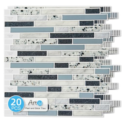Art3d Linear Subway Design Tile Peel and Stick Backsplash, 20-Sheet, Blue - color: Blue