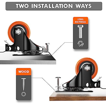 2 Inch Caster Wheels, Casters Set of 4 Heavy Duty with Brake - color: Orange, size: 2 Inch