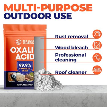 ECO LIVING SOLUTIONS Oxalic Acid 99.9% Deck Stain Remover & Wood Stain Remover | Metal Cleaning & Rust Stain Removal - 12 Oz
