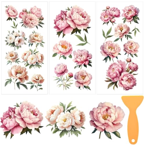 3 Sheets Peony Rub on Transfers for Crafts and Furniture 12×6inch Vintage Flowers Furniture Transfer Stickers for Wood Cabinet Dressers Home Decor - style: Peony