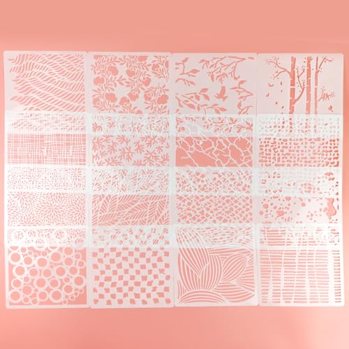 16 Pcs Layering Stencils for Painting - 6"x6" Mixed Texture Trees, Flowers, Leaves, Dots, Checkered, Buffalo Crackle, Splatter Stencils for Canvas, Mix Media Spray Paint - style: Mixed Style 2