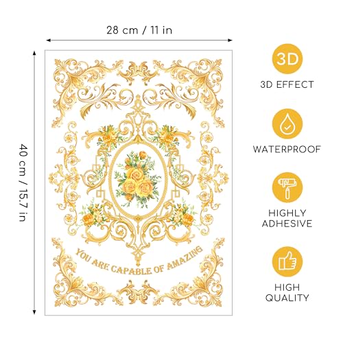 Joeyan Rub On Transfers for Crafts and Furniture, 2 Sheets Large Gold Floral Rub on Stickers DIY Flower Transfer Decals for Wood Glass Metal Canvas Porcelain Plastic Home Decorations, 11" x16" - style: Gold Floral
