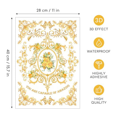 Joeyan Rub On Transfers for Crafts and Furniture, 2 Sheets Large Gold Floral Rub on Stickers DIY Flower Transfer Decals for Wood Glass Metal Canvas Porcelain Plastic Home Decorations, 11" x16" - style: Gold Floral