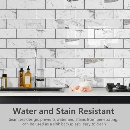 STICKGOO 10-Sheet Backsplash Peel and Stick Subway Tile(Thicker Design) - color: Glossy Grey Marble