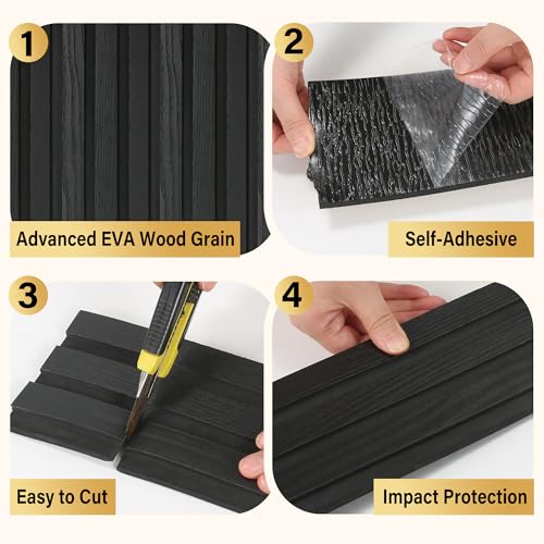 KASARO 5 Pieces Faux Wood Slat Wall Panel, Peel and Stick EVA Decor, Black - color: Black