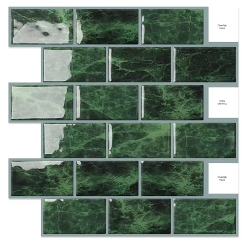 DEWOO Green Peel and Stick Backsplash Subway Tile for Kitchen Wall 10-Sheet - color: Marble Green