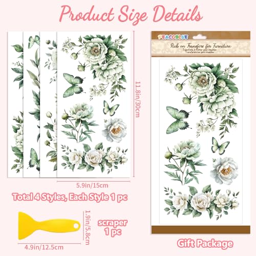 Peacoblue Green Flowers Rub On Transfers for Furniture Craft 6"x12" - style: Green Flowers