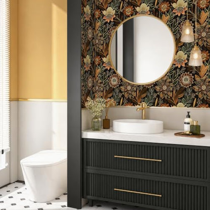 Laatse Boho Dark Black Gold Floral Wallpaper Peel and Stick 17.5"x787" - color: Black/Brown, size: 17.5" x 787"