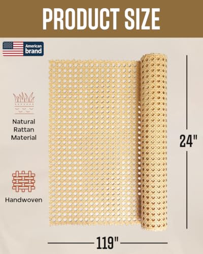 Glasaort 24" x 119" Natural Cane Webbing Roll, Durable Caning Material - size: 24" x 10FT