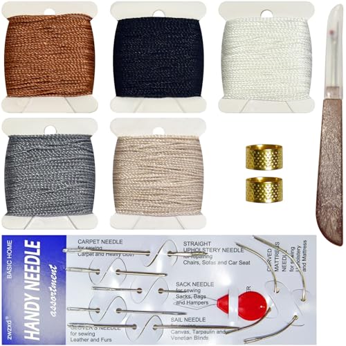 Extra Strong Upholstery Repair Sewing Thread Kit Including 7 Styles of Leather Canvas Sewing Needles，1needle Threader,1seam Ripper,2thimbles and 5 Rolls Nylon Thread, 5 Colors，color3 - color: warm tones