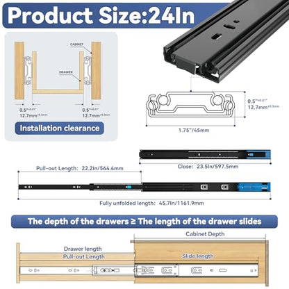 24 Inch Push to Open and Soft Close Drawer Slides,Full Extension,1 Pair - size: 24 Inch