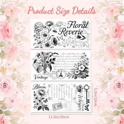 Peacoblue Black Text Vintage Flowers Rub On Transfers for Furniture 6"x12" - style: Black Text Vintage Flowers