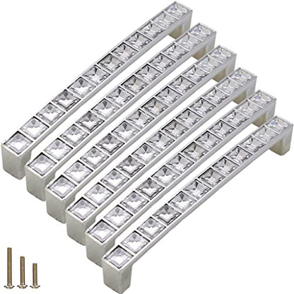 6Pcs U Shape Crystal Glass Drawer Pulls Knobs Handles,Modern Decorated Shiny Cabinet Konbs Zinc Alloy Pulls, for Cupboard Wardrobe Dresser Doors (5.0" Hole Distance, Silver, 6 Pack) - size: U-shaped 5.0" Hole Distance