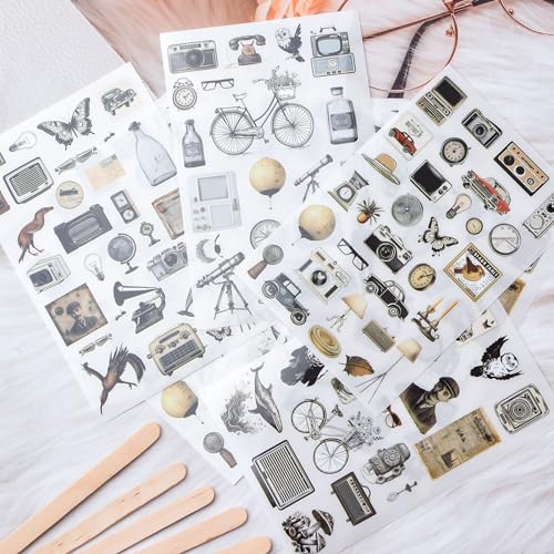 WANDIC 16 Sheets Rub On Transfer Stickers Set, 4 Styles Retro Vintage Mixed Pattern Self Adhesive Stickers Decals for Scrapbook Journal - style: Vintage Theme