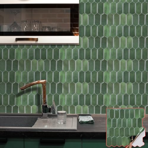 Alwayspon 10 Sheets 12" x12inch Emerald Green 3D Vinyl Backsplash Tiles, Self-Adhesive Peel and Stick Wall Tile Stickers Stick on Subway Tiles for Kitchen Bathroom Wall - color: Emerald Green