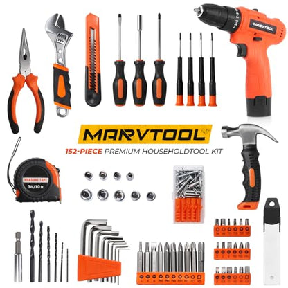 152 Piece Basic Tool Set, Portable Tool Box with 12V Cordless Drill, Home Repair Hand Tool Kit, General Household Drill Set, Toolbox with Storage Case for Homeowner, Handyman, Women, Men - size: 152PCS
