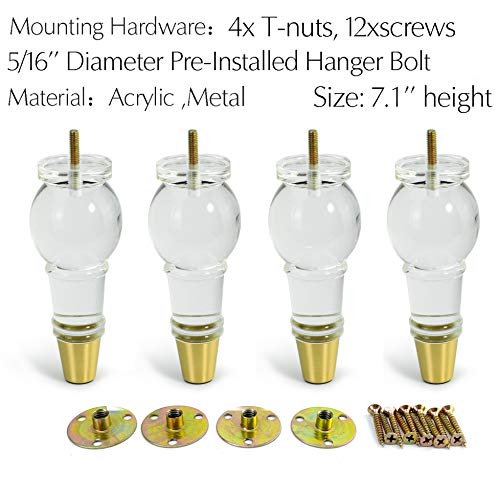 Acrylic Furniture Legs Replacement Sofa Feet Cabinet Modern Clear Decor DIY Legs Classical Style Set of 4 (7.1inch) - size: 7.1inch