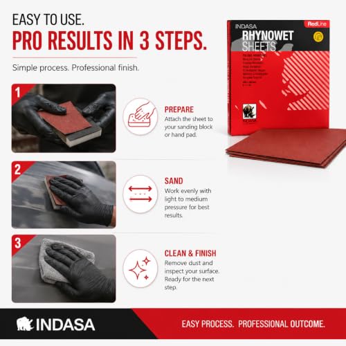 INDASA Rhynowet Red Line Wet Dry Sanding Sheets 9 x 11 Inch 180 Grit Waterproof Latex Backing Abrasive Paper for Wood Metal Automotive Surface Prep Pack of 50 - size: 180-Grit 9"x11"