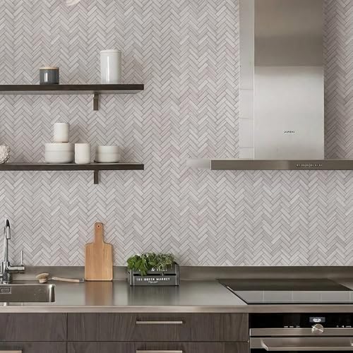 STICKGOO 10-Sheet Peel and Stick Backsplash, PVC Backsplash Tile, Herringbone Self Adhesive Wall Tile for Kitchen Bathroom, Laundry Room, Fireplace - color: Grey Serpeggiante