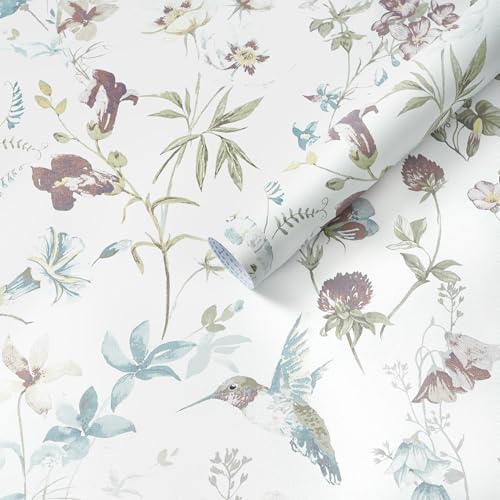 Heroad Modern Boho Peel and Stick Wallpaper Floral Cottage Wallpaper Botanical Nature Contact Paper Bird Removable Self Adhesive Wall Paper for Bathroom Bedroom Kitchen Cabinets Vinyl 17.3" x 197" - color: White and Red, size: 17.3" x 197"