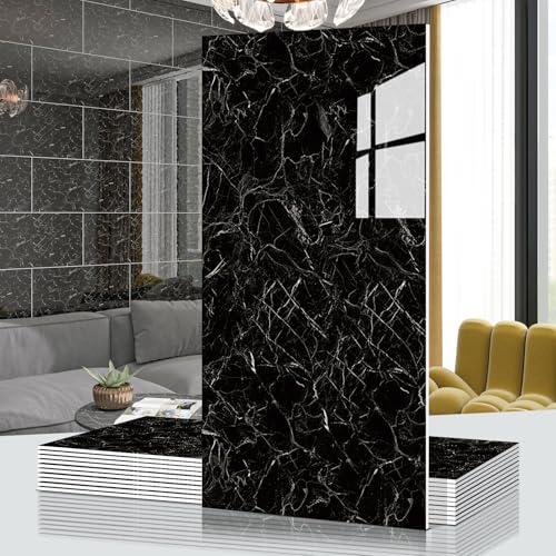 Marble Peel and Stick Backsplash 23.6 x11.8 in, 10PCS, Black - color: Black Marble