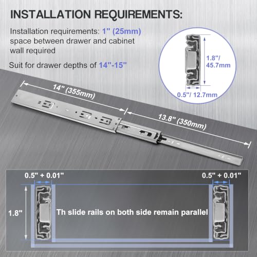 Soft Close Drawer Slides 14 Inch - Silver, 1 Pair (2 Pieces) - color: Silver, size: 14 Inch