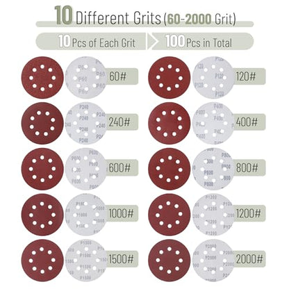 Bates- Sanding Discs, 5 Inch 8 Hole Sanding Discs, 100 Pack, Grits 60 120 240 400 600 800 1000 1200 1500 2000, Sanding Pads, Hook and Loop Sanding Disc, Round Sandpaper Discs, 5 inch Sanding - color: Red, size: 100 Pack, 60-2000 Grits
