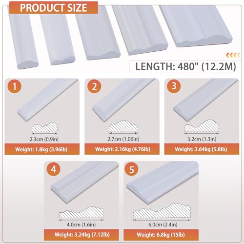 QDYMXUN Peel and Stick Chair Rail Panel Molding, 480''L x 0.9''W Strong Self Adhesive TPE Wall Moulding Trim for Home DIY Decoration (Paintable White) - size: 480''L x 0.9''W