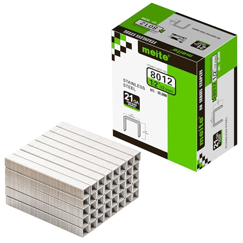 meite 21 Gauge 1/2-inch Crown Upholstery Staples, 304 Stainless Steel with 1/2-inch Leg Length, Heavy Duty Staples for Staple Gun MT8016 (10,000 Counts) - size: 1/2" (12 mm), style: 1 Box