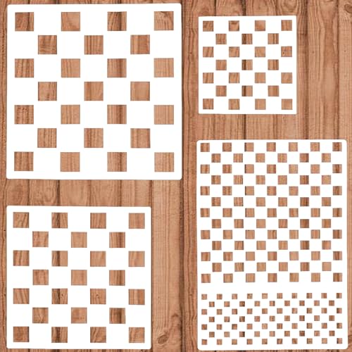 Checkerboard Stencils - 4 Pcs Assorted Sizes Reusable Checks Templates for Wood, Pillows, Walls, Scrapbooks, Cards, and DIY Crafts
