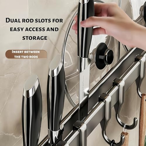【No-Drill Adhesive for Kitchen】Utensil Rail with 8 Sliding Hooks – 11.8/15.75/19.69 Inch Rustproof Organizer for Pots, Lids & Tools, Scratch-Free Holder for Small Kitchens, Peel Off Without Damage - size: 15.75inch(40cm)