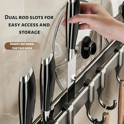 【No-Drill Adhesive for Kitchen】Utensil Rail with 8 Sliding Hooks – 11.8/15.75/19.69 Inch Rustproof Organizer for Pots, Lids & Tools, Scratch-Free Holder for Small Kitchens, Peel Off Without Damage - size: 15.75inch(40cm)