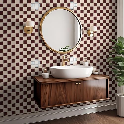 Art3d Grid Peel and Stick Backsplash, 10-Pack, Red Brown and Warm White - color: Red-brown and Warm White