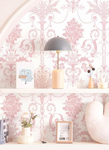 Damask Floral Peel and Stick Wallpaper Boho Pink and White Contact Paper - color: Pink, size: 17.3" x 197"