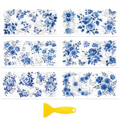 Peacoblue Blue Floral Background Rub On Transfers for Furniture 6"x12" - style: Blue Flowers with A Full Background